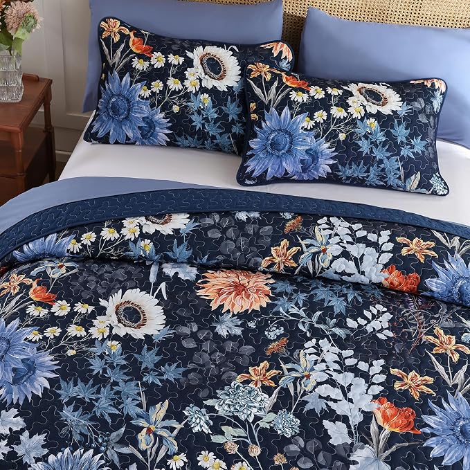 Yiran Navy Blue Sunflower Floral Quilts Queen Size, Botanical Fall Bedspread - Image 3