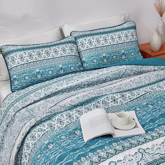 WONGS BEDDING Boho Queen Quilt Set, Teal and Blue Bohemian Quilt Bedding Set - Image 4
