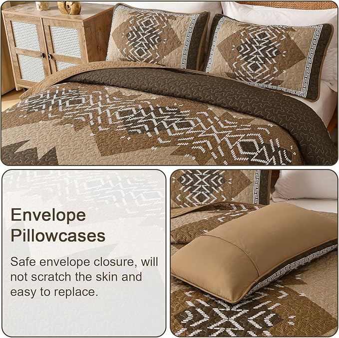 Dintszyayue Brown Quilt Set King Size Boho Aztec Texture Bedspread Coverlet Set - Image 5