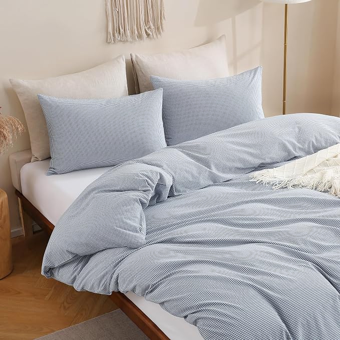 TOCOMOA Mini Gingham Blue Duvet Cover Bedding Set 100% Washed Cotton Like Linen - Image 4