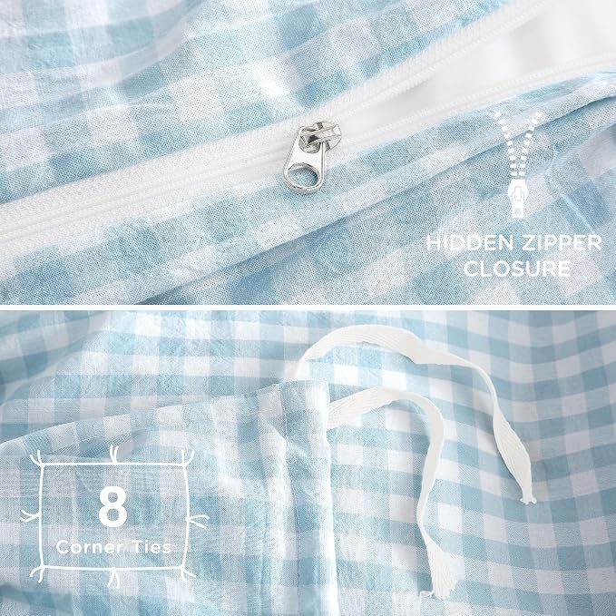 TOCOMOA Light Blue Gingham Duvet Cover Bedding Set 100% Washed Cotton Like - Image 6