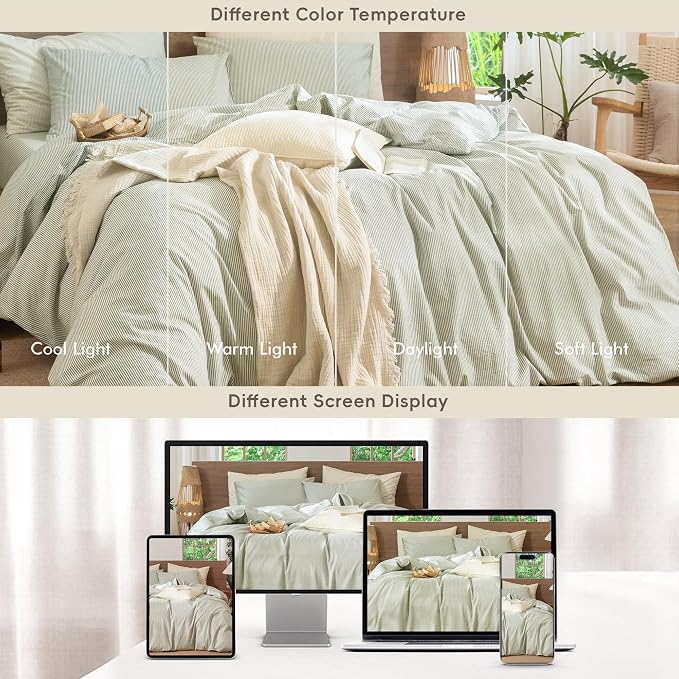 MooMee Striped Duvet Cover Set 100% Washed Cotton Linen Like Textured - Image 7