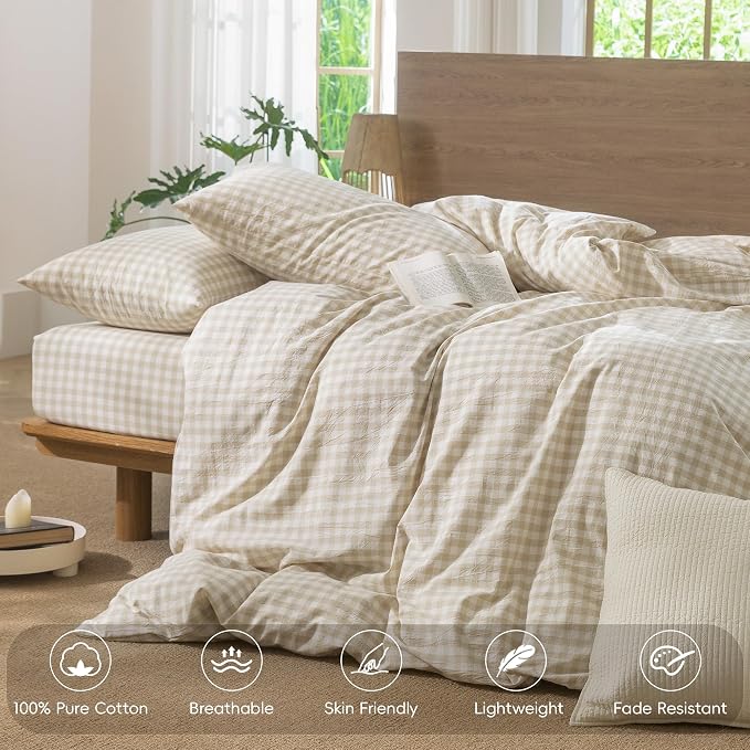 MooMee Gingham Duvet Cover Set 100% Washed Cotton Linen Like Textured - Image 4