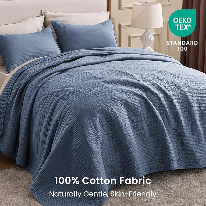 Love's cabin King Size Cotton Quilt Set, 100% Cotton Fabric Striped Textured - Image 2