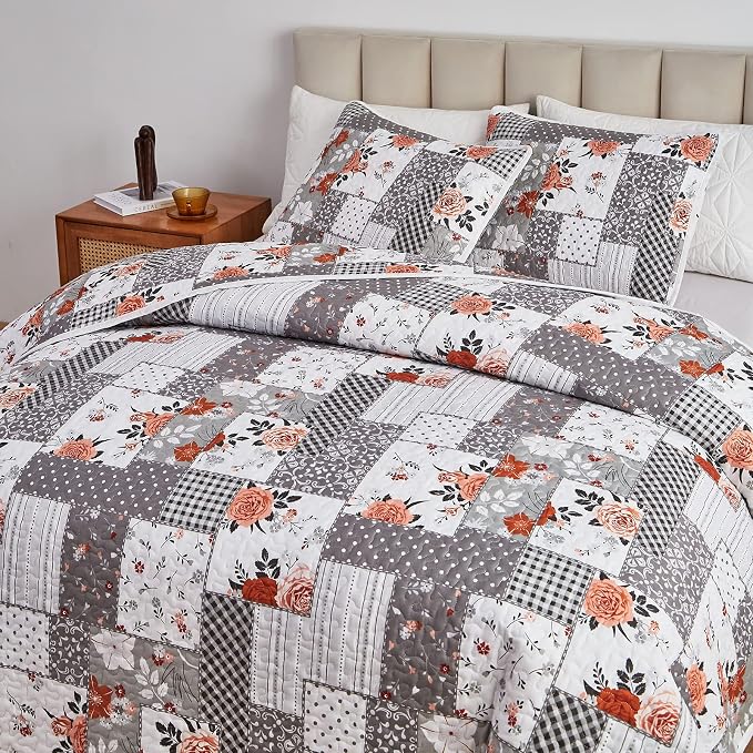 Patchwork Quilt Set Full/Queen Size, 3 Pieces Grey Floral Plaid Summer - Image 4
