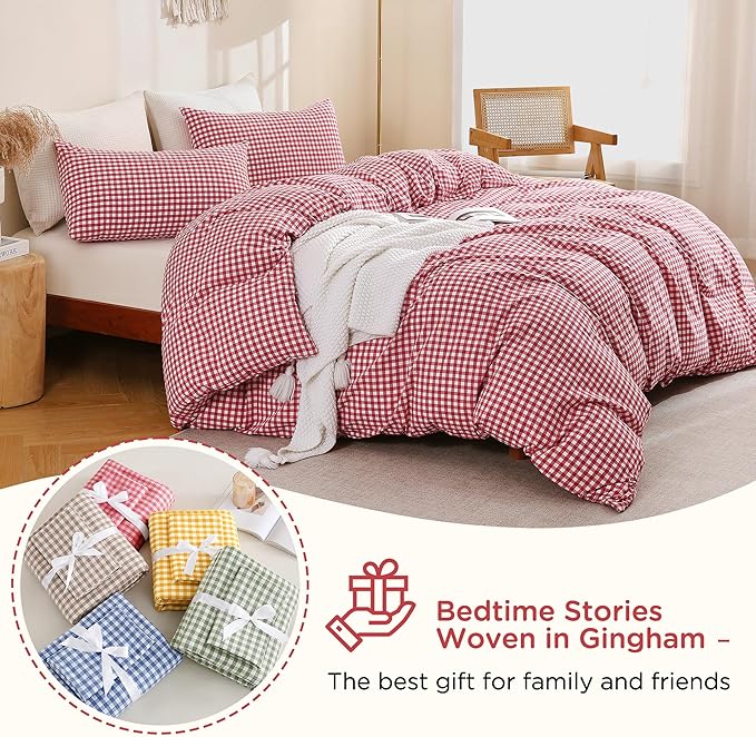 TOCOMOA Red Gingham Duvet Cover Bedding Set 100% Washed Cotton Like Linen Feel - Image 7