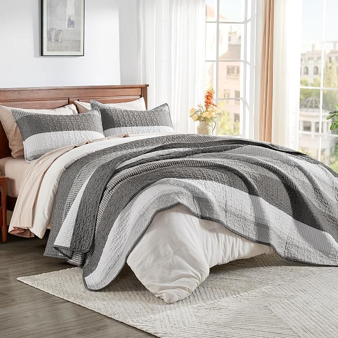 Andency Oversized King Quilt Bedding Set, 120x98Inch Dark Grey Stripe Super - Image 6