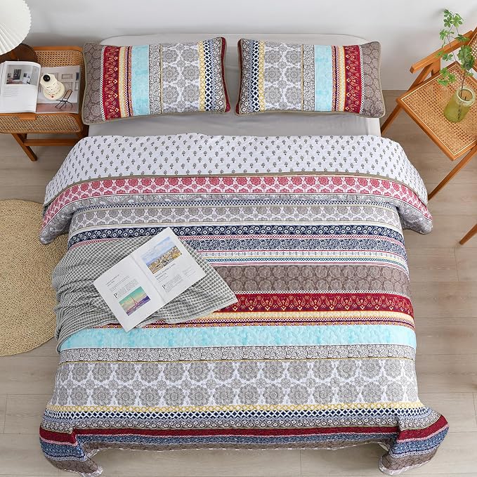 WONGS BEDDING Boho Quilt Set King Size, Lightweight Microfiber Bedspread - Image 3