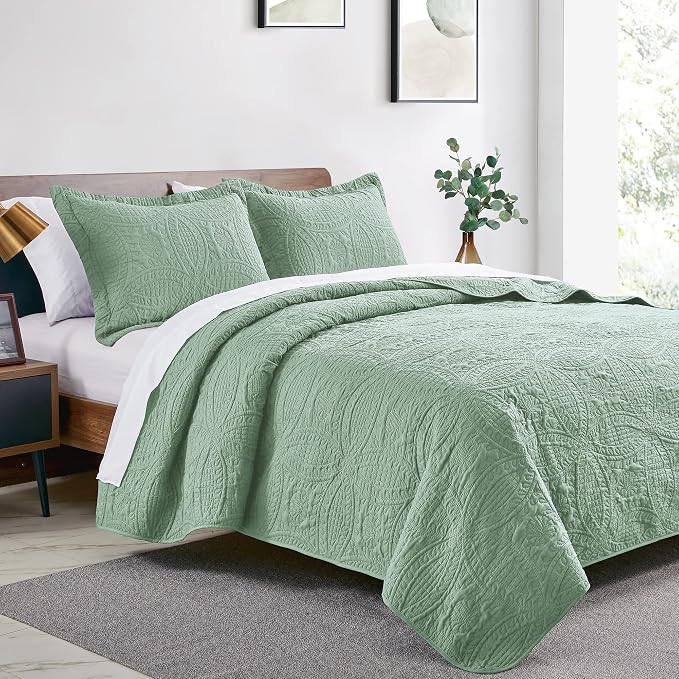 Love's cabin King Size Quilt Set Sage Bedspreads - Image 2
