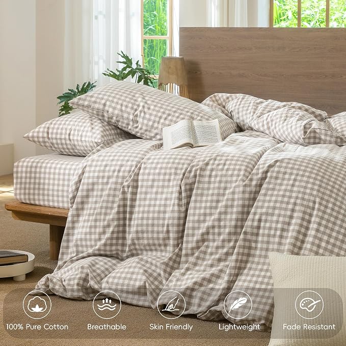 MooMee Gingham Duvet Cover Set 100% Washed Cotton Linen Like Textured - Image 4