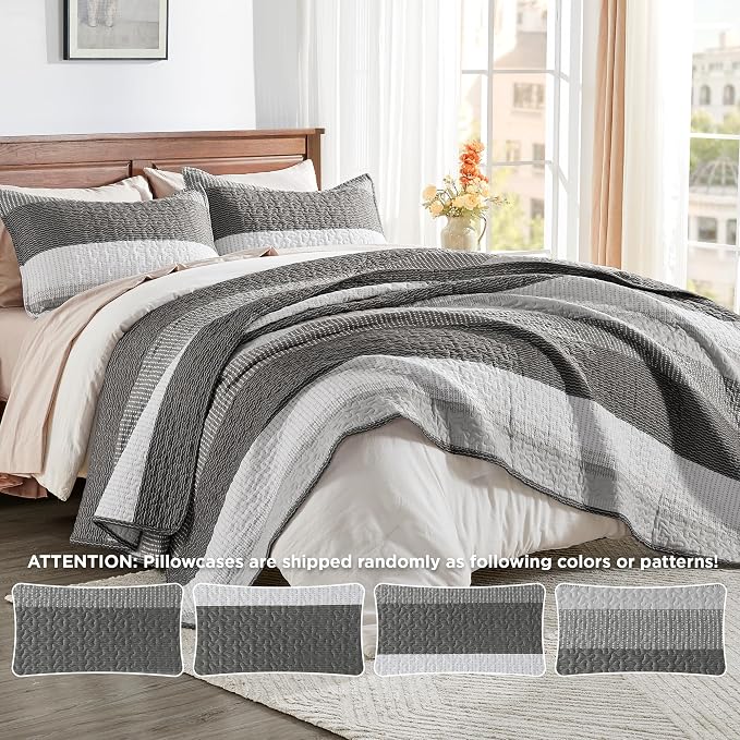 Andency Queen Quilt Bedding Set Dark Grey, 3 Pieces Patchwork Summer Striped - Image 6