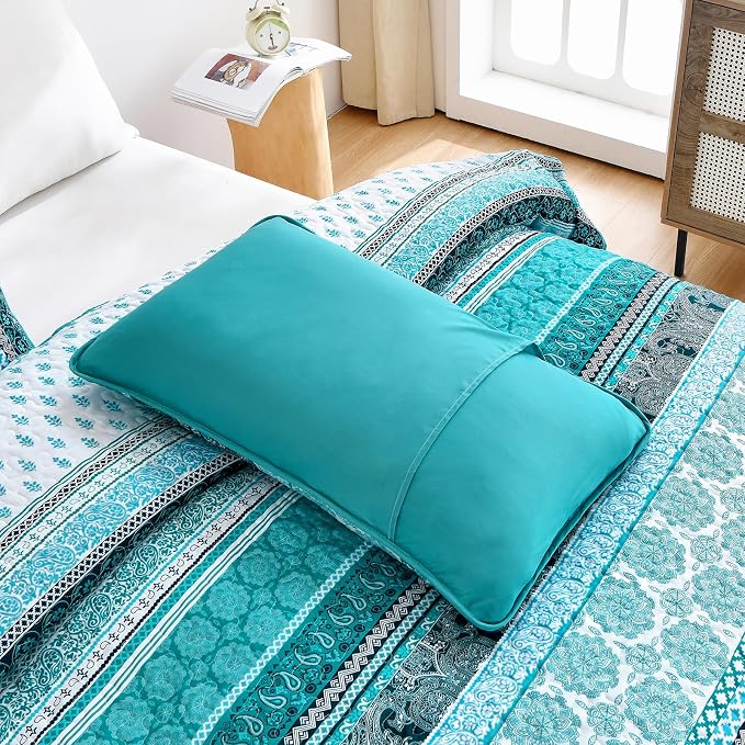 WONGS BEDDING Boho Quilt Set Queen Size, Teal 3 Pieces Bohemian Striped - Image 9