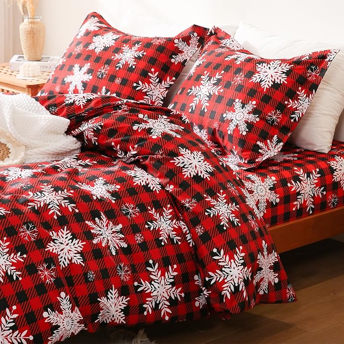 JSD Red Buffalo Plaid Snowflakes Duvet Cover Set Full Size, 3 Piece Christmas - Image 2
