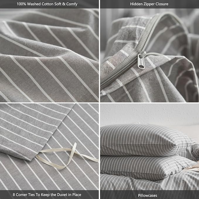 MooMee Striped Duvet Cover Set 100% Washed Cotton Linen Like Textured - Image 7
