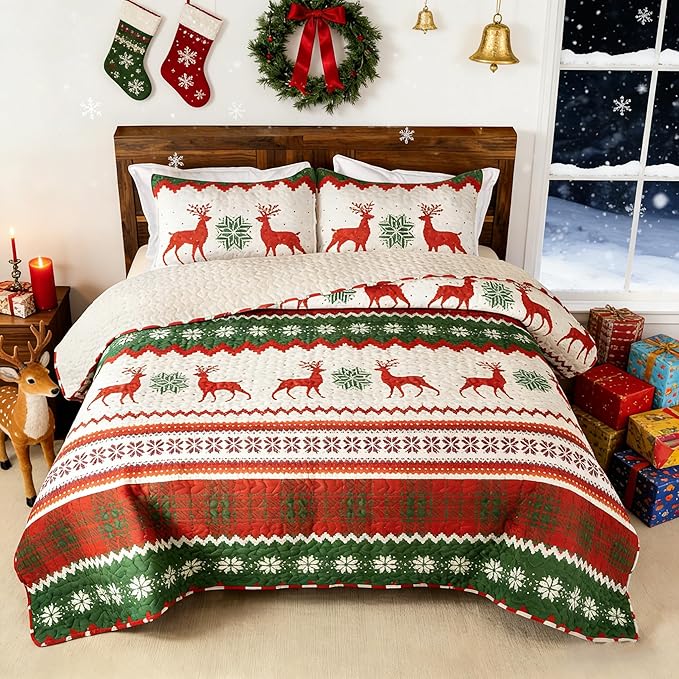 Whale Flotilla Christmas Quilt King Size, Soft Boho Floral Bedspreads by WHALEFLOTILLA