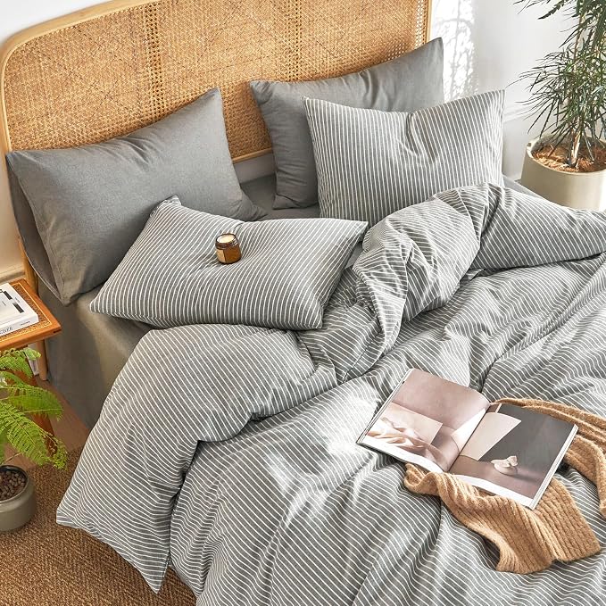 Wake In Cloud - Striped Cotton Duvet Cover Set, 100% Washed Cotton Textured - Image 8