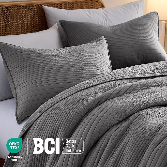 PALASSIO Striped Dark Grey 100% Cotton Quilt California Cal King Size Bedding - Image 3