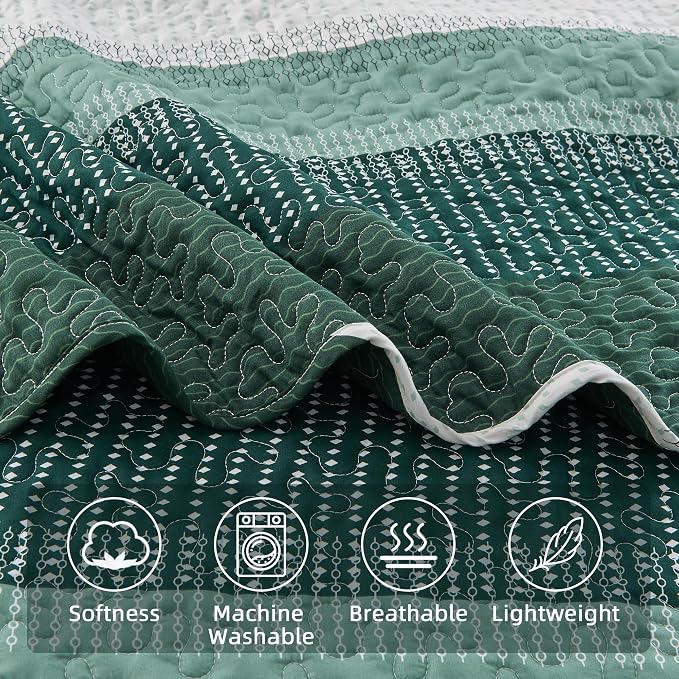 Andency Emerald Green Quilt King, 3 Pieces Patchwork Striped Bedspread Coverlet - Image 5