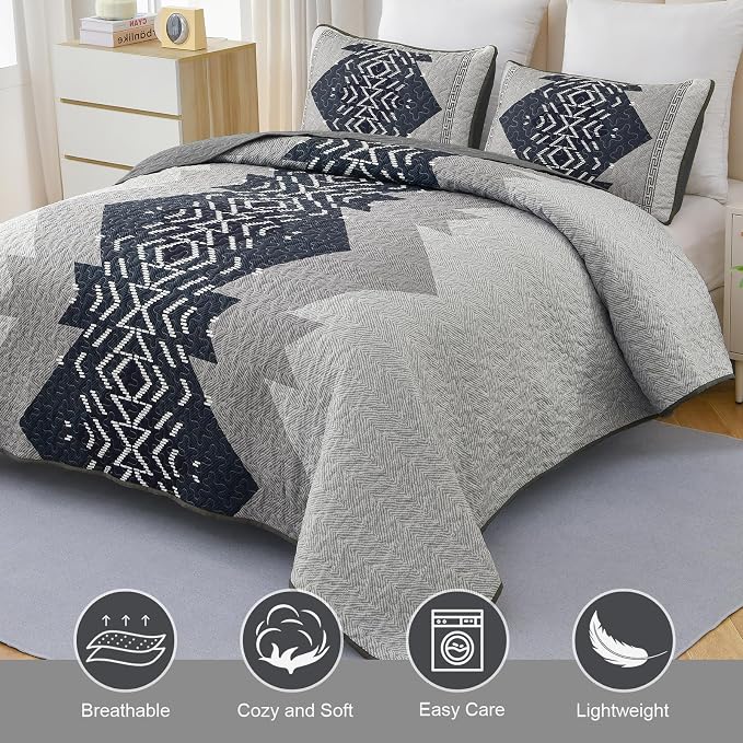 Dintszyayue Queen Size Quilt Set, 3 Pieces Boho Bedspread Aztec Texture Quikted - Image 3