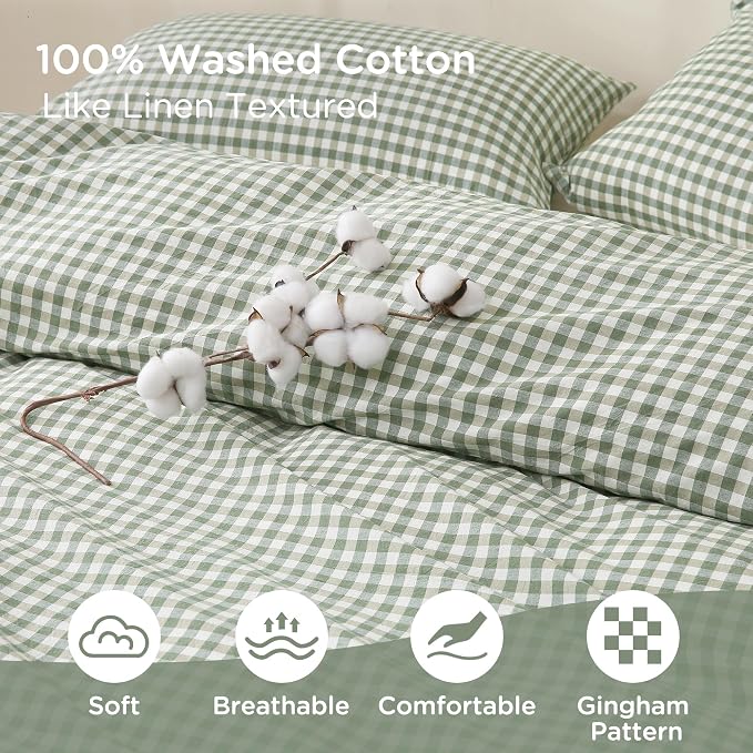 TOCOMOA Green Gingham Duvet Cover Bedding Set 100% Washed Cotton Like Linen - Image 5