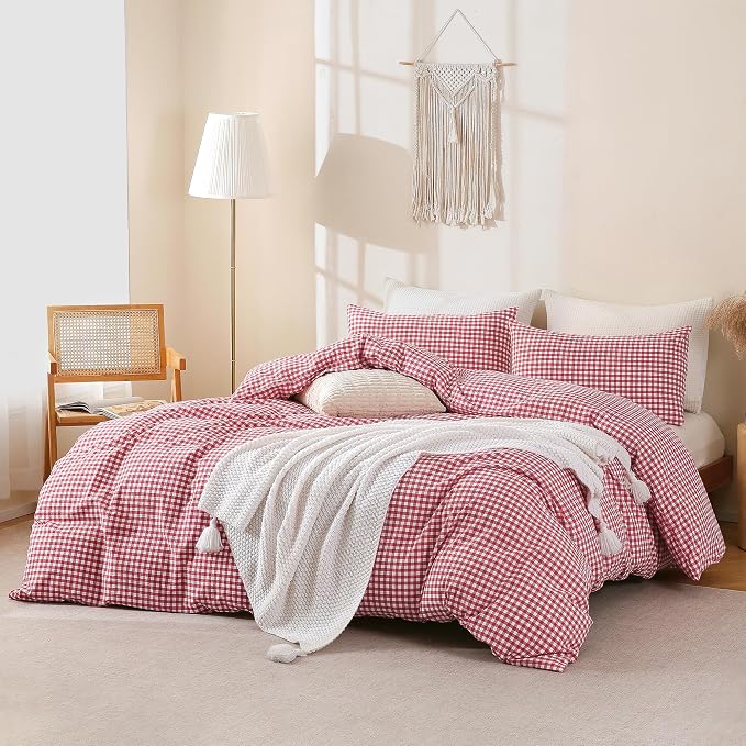 TOCOMOA Red Gingham Duvet Cover Bedding Set 100% Washed Cotton Like Linen Feel - Image 2