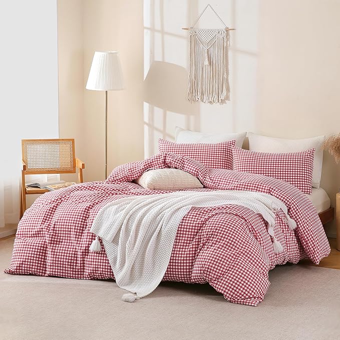 TOCOMOA Red Gingham Duvet Cover Bedding Set 100% Washed Cotton Like Linen Feel - Image 2