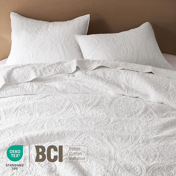 palassio White Paisley 100% Cotton Quilt Queen Size Bedding Sets - Image 3