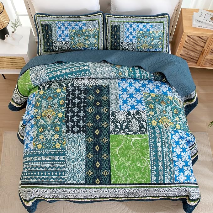 WONGS BEDDING Teal Quilt King Size, 3 Pieces Boho Patchwork Quilt Soft Coverlet - Image 4