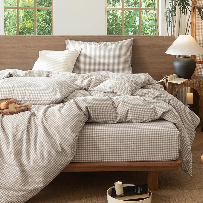 MooMee Gingham Duvet Cover Set 100% Washed Cotton Linen Like Textured - Image 6