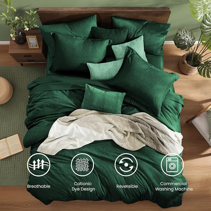 Monbix King Size Comforter Set, Emerald Green King Bedding Set Reversible - Image 2