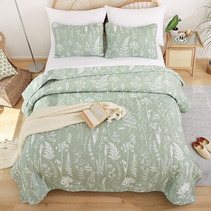 JANZAA Quilts Queen Size Sage Green Quilt Botanical - Image 9
