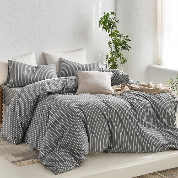 MooMee Striped Duvet Cover Set 100% Washed Cotton Linen Like Textured - Image 3