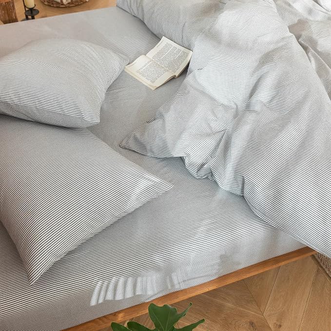 MooMee Striped Duvet Cover Set 100% Washed Cotton Linen Like Textured - Image 5