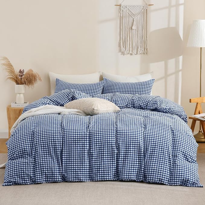 TOCOMOA Navy Blue Gingham Duvet Cover Bedding Set 100% Washed Cotton Like Linen - Image 3