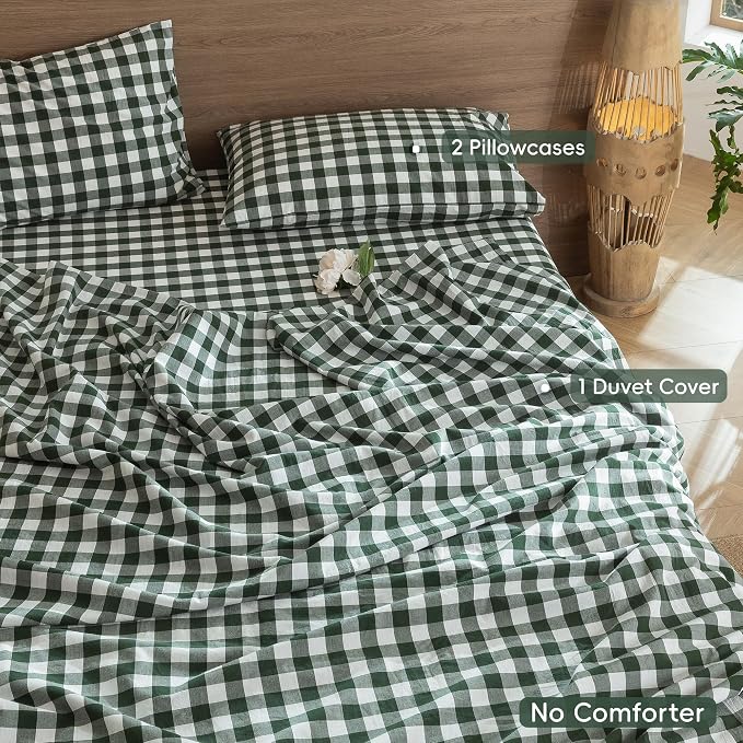 MooMee Gingham Duvet Cover Set 100% Washed Cotton Linen Like Textured - Image 2