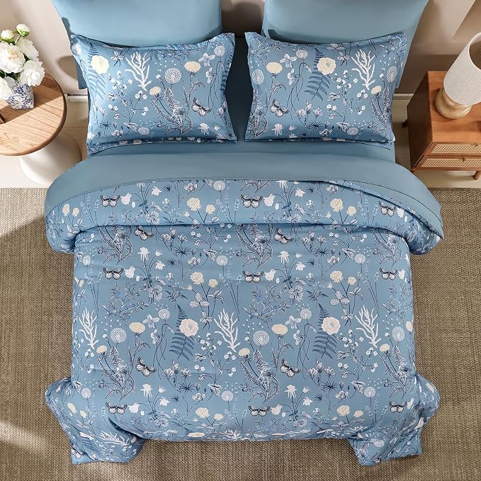Yiran Blue Comforter Set Queen Size, 7 Piece Floral Comforter Bedding Set - Image 3