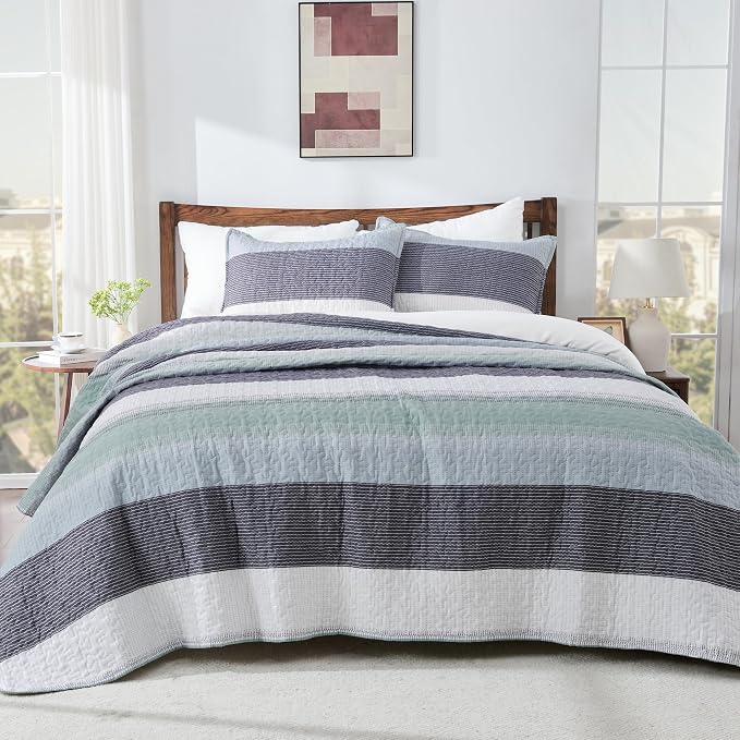 Andency Stripe Quilt Set Twin, 2 Pieces Mint Green Patchwork Striped Bedspread - Image 8