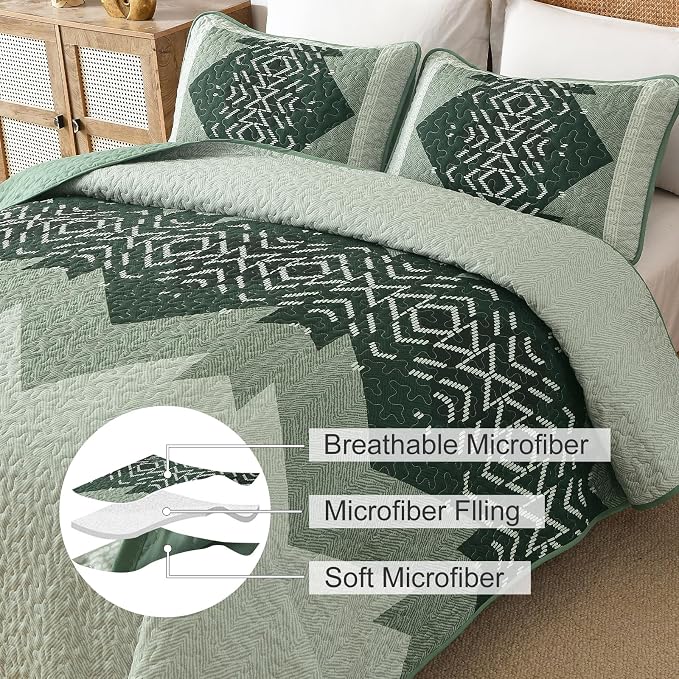 Dintszyayue Green Quilt Set Queen Size, 3 Piece Boho Aztec Texture Bedspread - Image 7