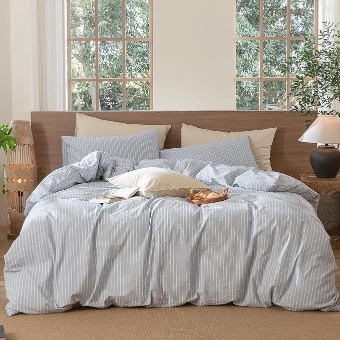 MooMee Striped Duvet Cover Set 100% Washed Cotton Linen Like Textured by MOOMEE
