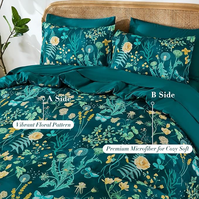 Yiran Queen Comforter Set 7 Piece, Teal Green Floral Bedding Set, Bed in a Bag - Image 2