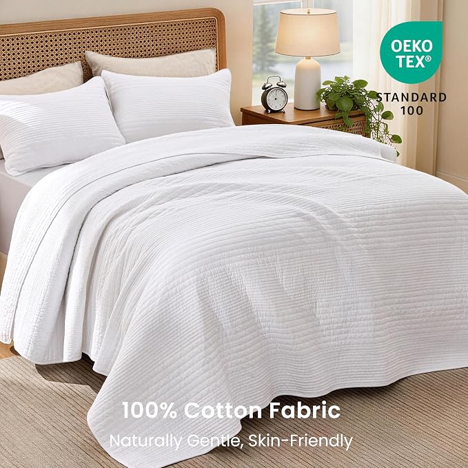 Love's cabin Queen Size Cotton Quilt Set, 100% Cotton Fabric Striped Textured - Image 2