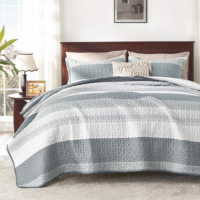 Andency Grey Striped Quilt Queen, 3 Pieces Patchwork Bedspread Coverlet Set by Andency