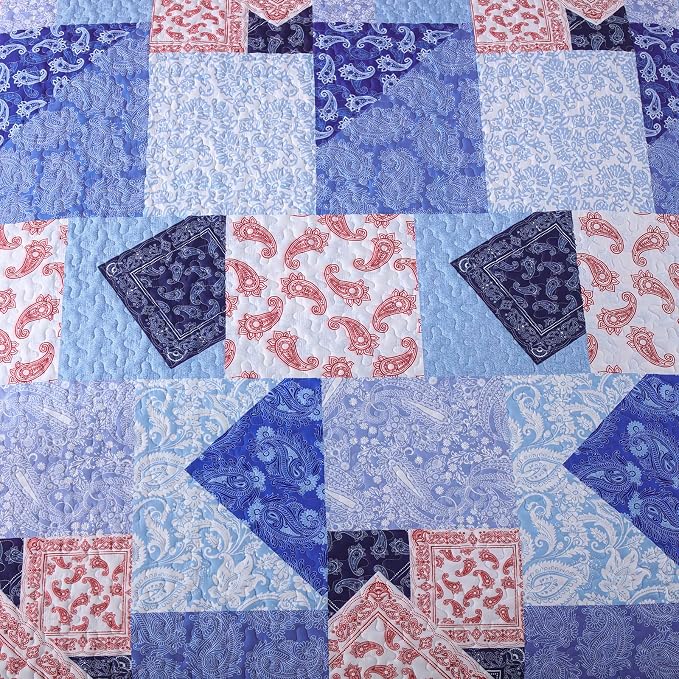 Mybedsoul Blue Patchwork Queen Size Quilt, Cozy Boho Floral Spring Bedspreads - Image 8