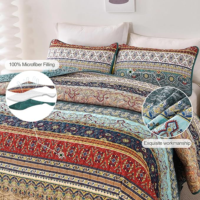 WONGS BEDDING Boho Quilt Set Twin Size, Lightweight Microfiber Bed Decor - Image 5