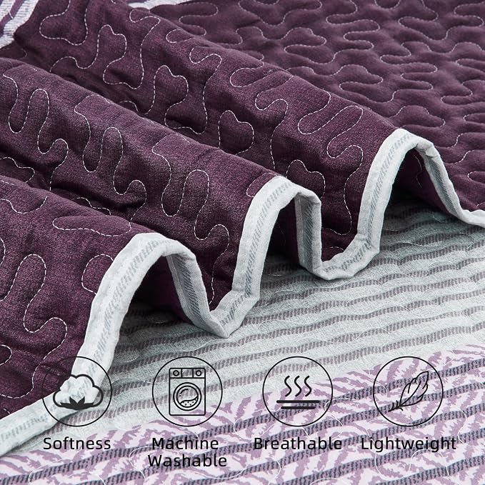 Andency Stripe Quilt Set Queen, 3 Pieces Purple and Grey Patchwork Bedspread - Image 5