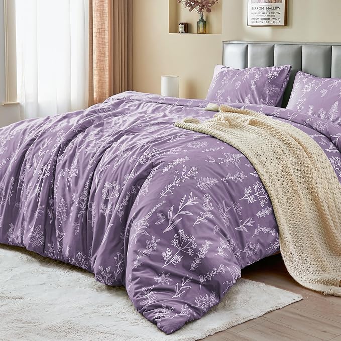 MUXHOMO Duvet Cover Full Size, Reversible Floral Grayish Purple Duvet Cover Set - Image 3