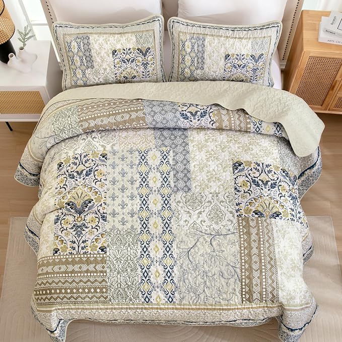 WONGS BEDDING Boho Quilt Set Queen, 3 Pieces Beige Patchwork Bedspread Coverlet - Image 4