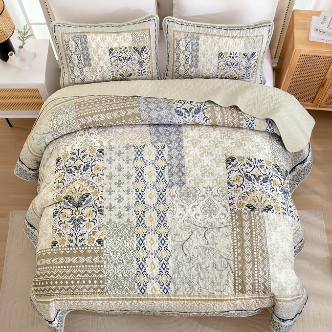 WONGS BEDDING Boho Quilt Set King, 3 Pieces Beige Patchwork Bedspread Coverlet - Image 4