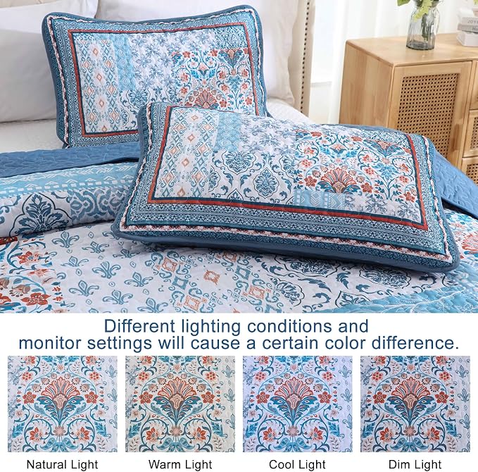 WONGS BEDDING Blue Quilt Set King Size, 3 Pieces Boho Patchwork Bedspread - Image 5