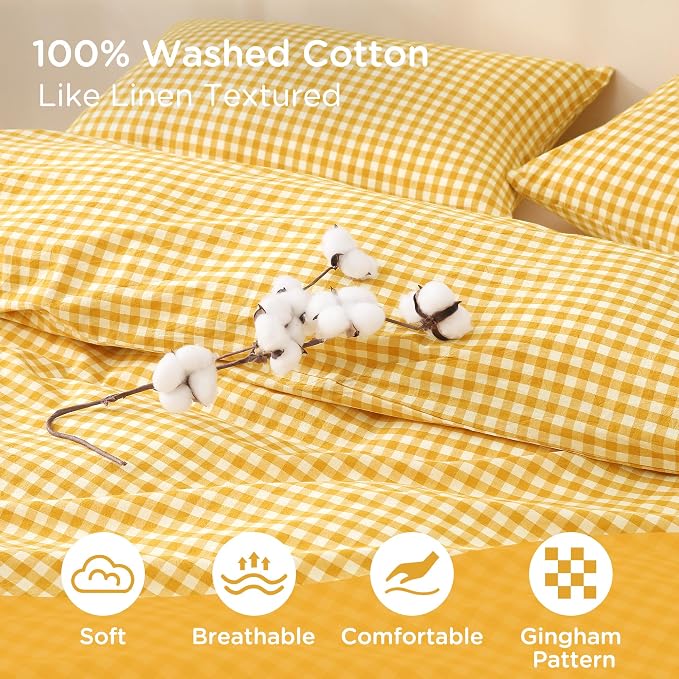 TOCOMOA Yellow Gingham Duvet Cover Bedding Set 100% Washed Cotton Like Linen - Image 5